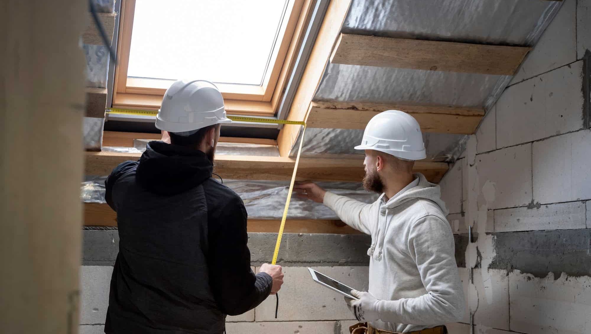 To håndverkere med hjelm måler og diskuterer arbeid ved takvindu under renovering.